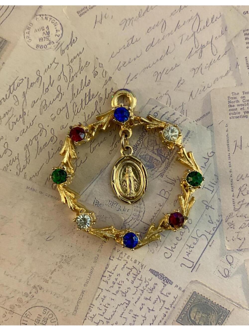 Vintage Miraculous Medal Rhinestone Wreath Pendant Catholic Virgin Mary Charm